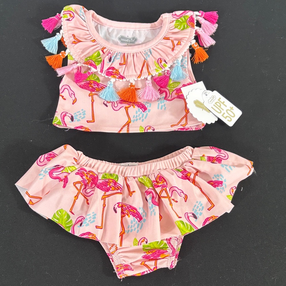 Mud Pie Pink Flamingo Tassel Bikini Set